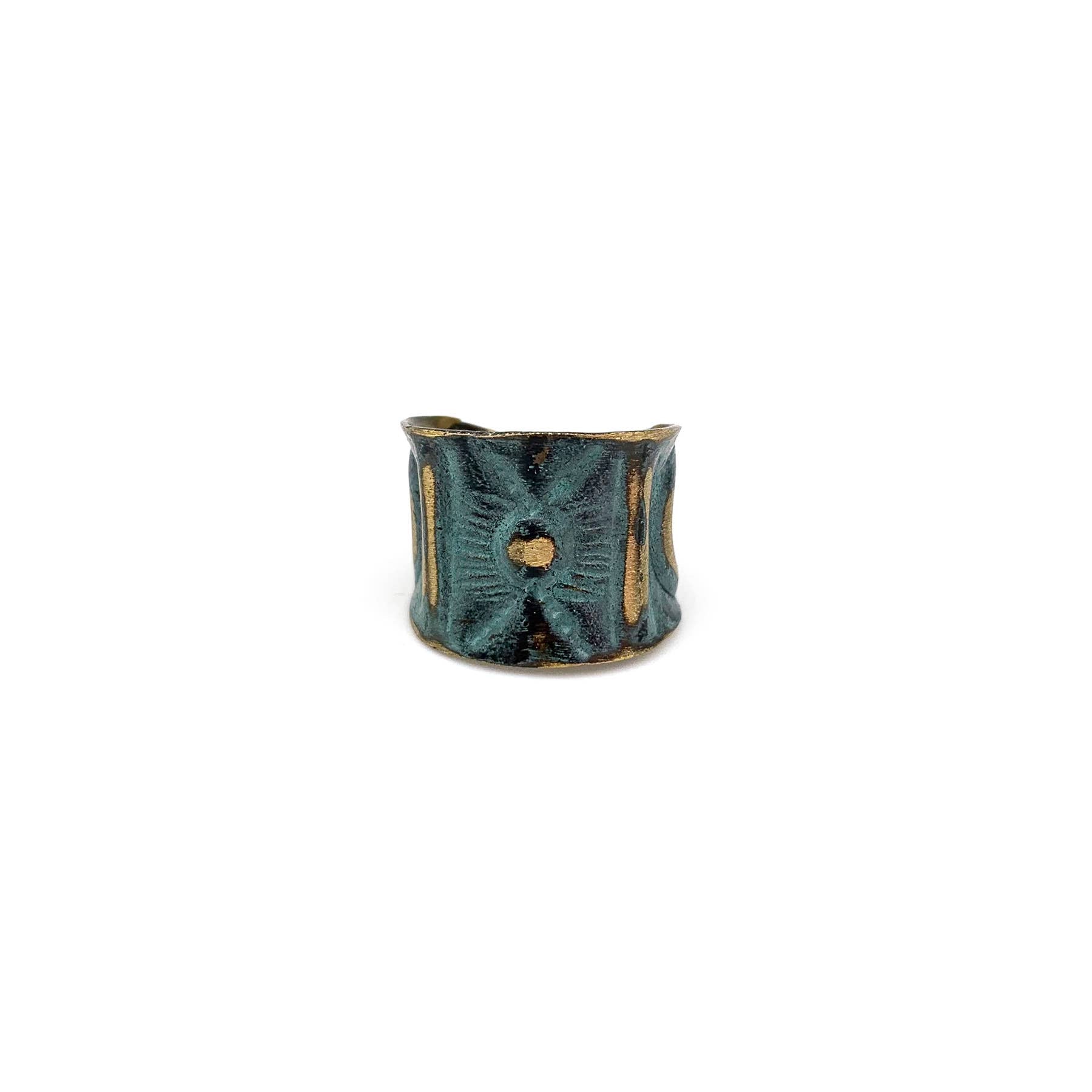 Brass Patina Ring - Aqua Sacred Geometry Allover Design - ivyandlavyboutique Anju Jewelry