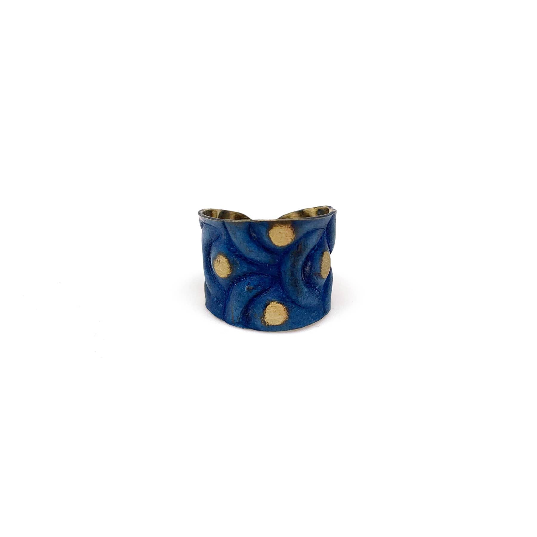 Brass Patina Ring - Cobalt Blue Waves and Brass Dots - ivyandlavyboutique Anju Jewelry