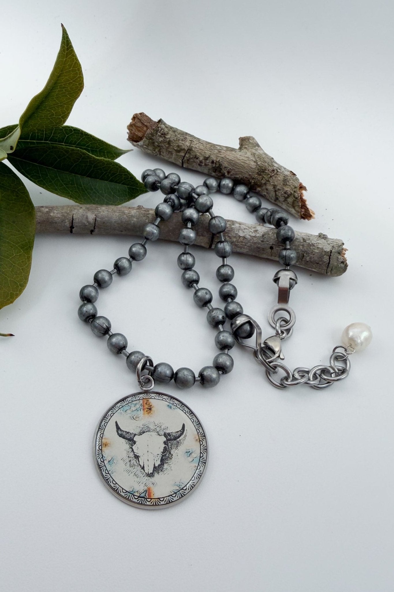 Bull Skull Large Circle Distressed Pendant Necklace - ivyandlavyboutique Spirit Lala