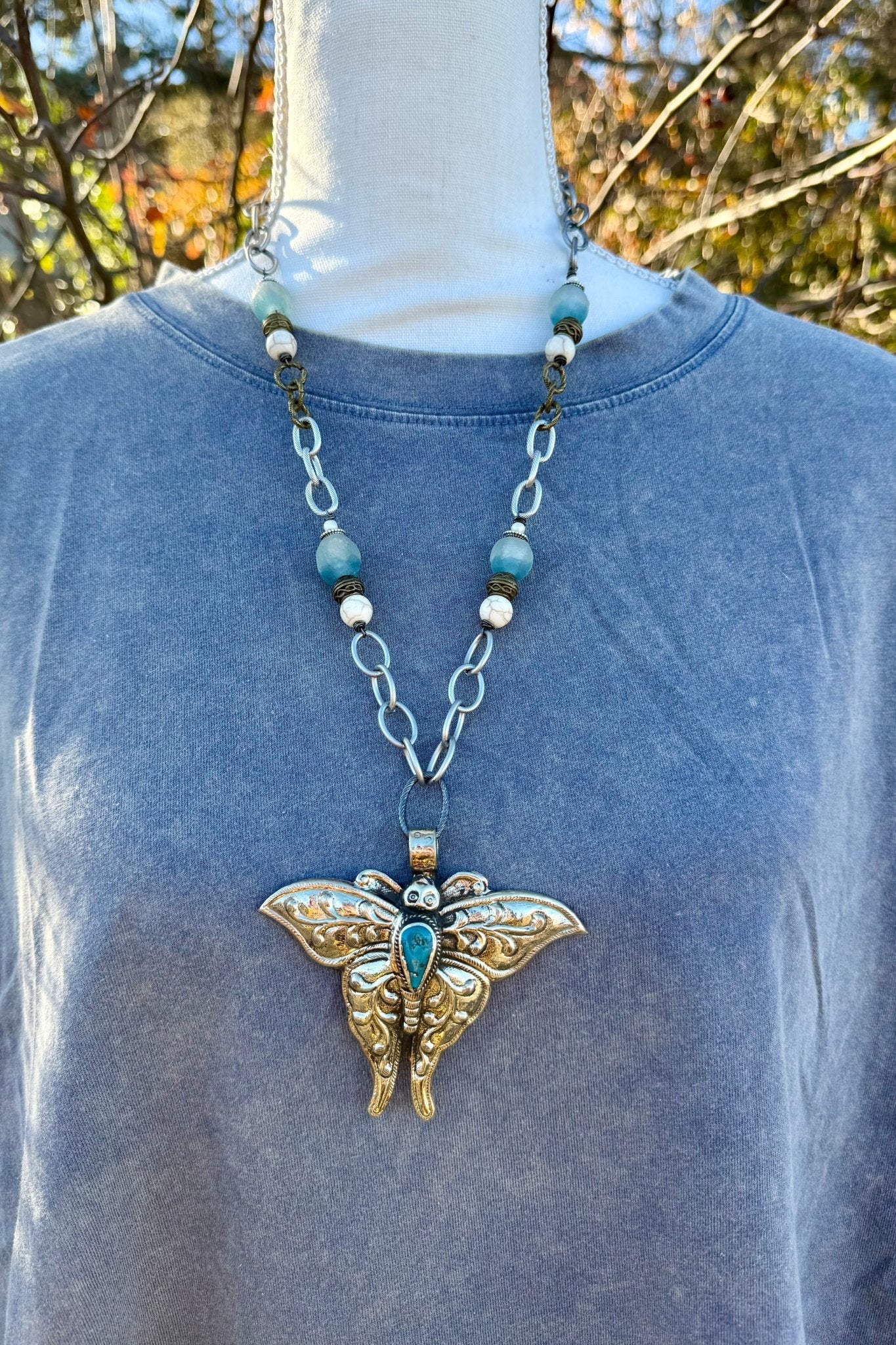 Butterfly Carved Statement Necklace w/ Turquoise - ivyandlavyboutique ivyandlavyboutique