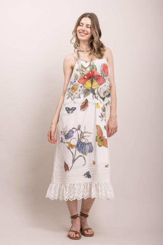 Butterfly Flower Print Eyelet Tank Dress - ivyandlavyboutique Blue Velvet