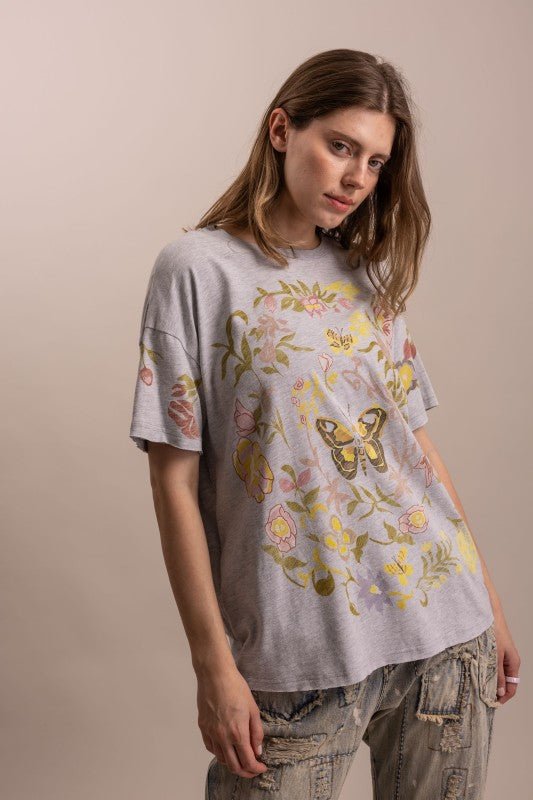 Butterfly In Garden Print Top in Dusty Blue - ivyandlavyboutique Blue Velvet