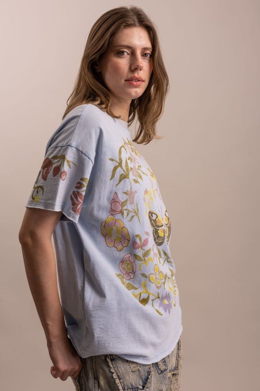 Butterfly In Garden Print Top in Dusty Blue - ivyandlavyboutique Blue Velvet