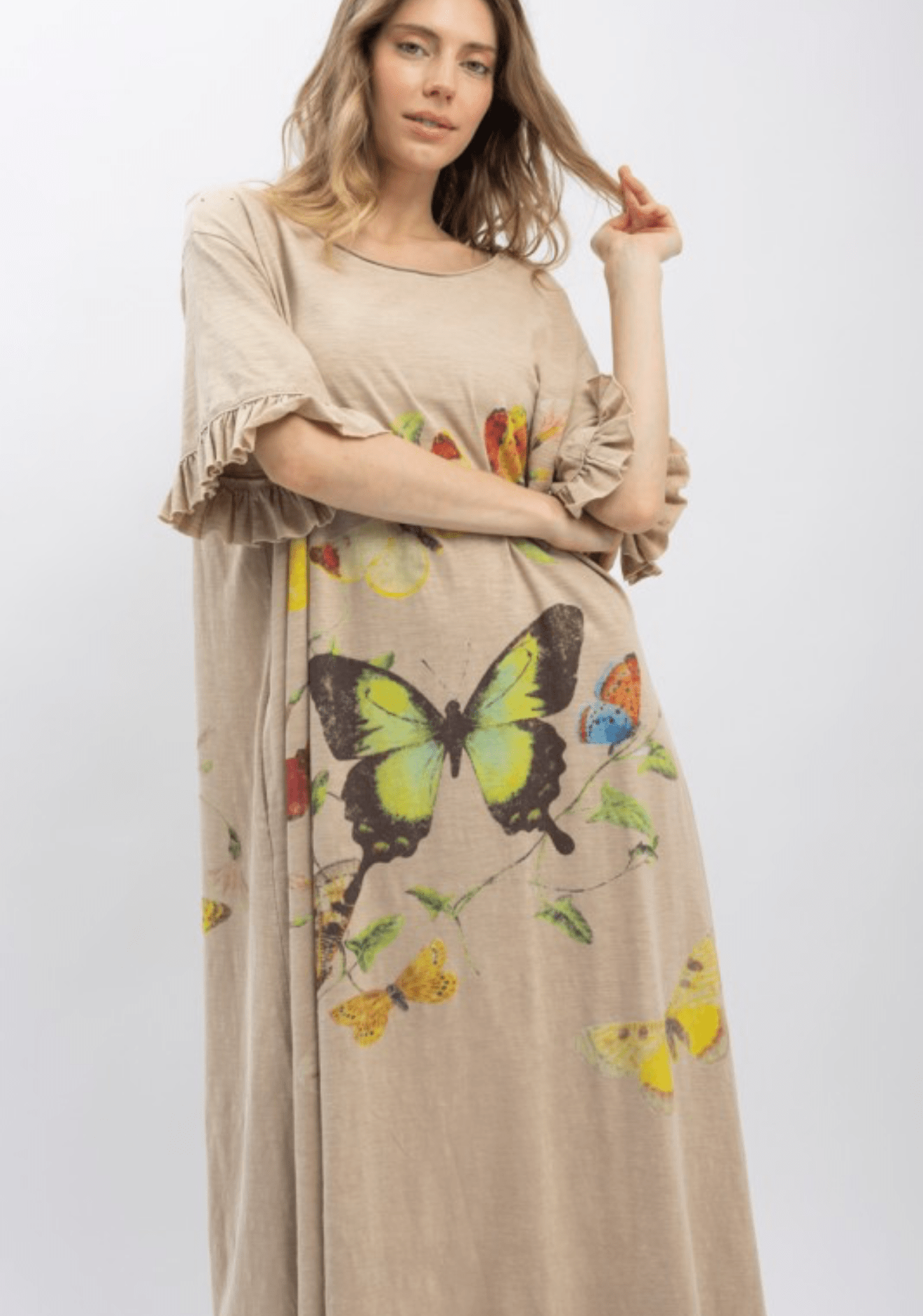 Butterfly Prance Midi Tunic Dress in Tan - ivyandlavyboutique Blue Velvet