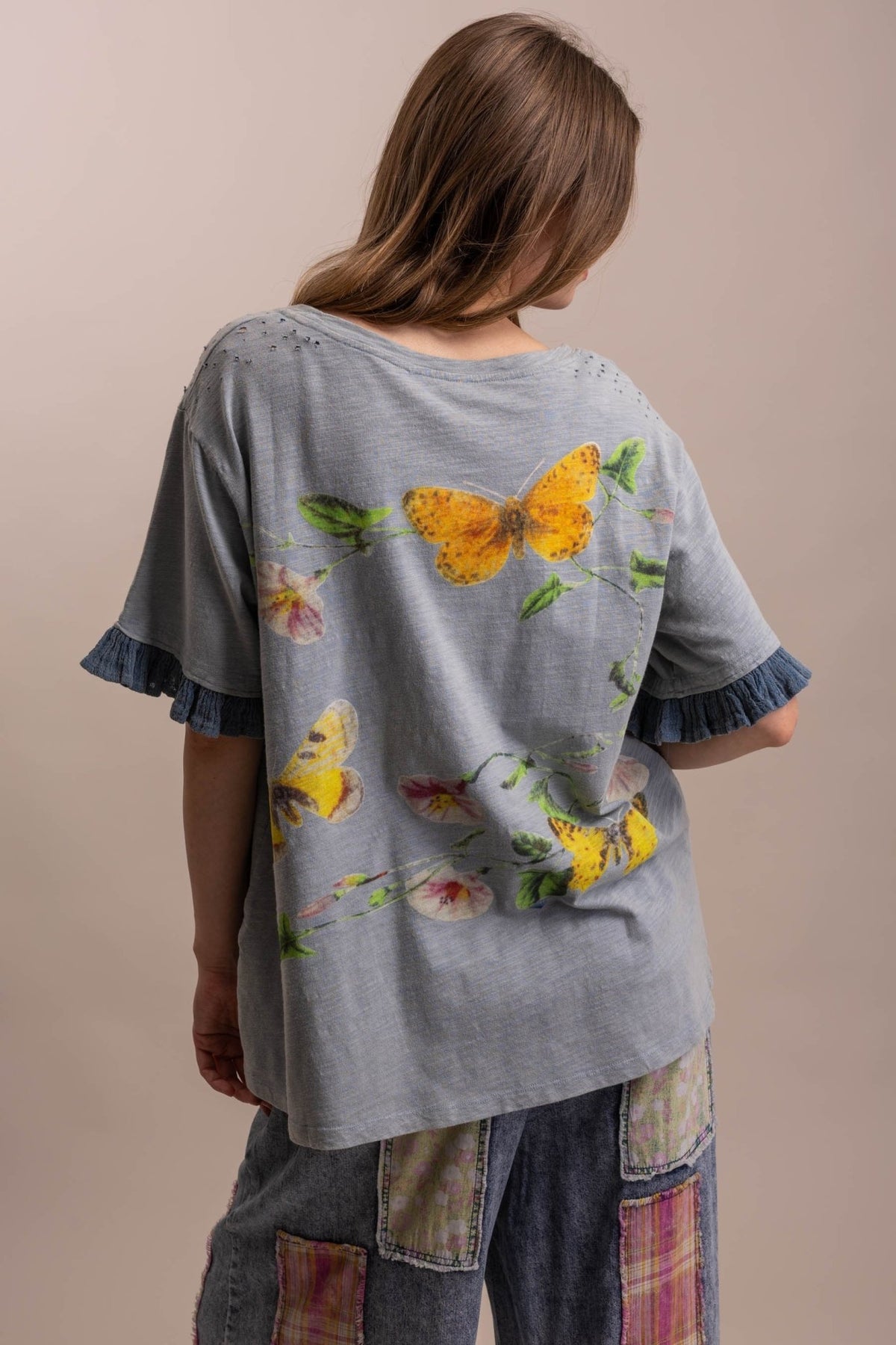 Butterfly Print Ruffle Short Sleeve Top - Boho Wanderlust Boutique Blue Velvet