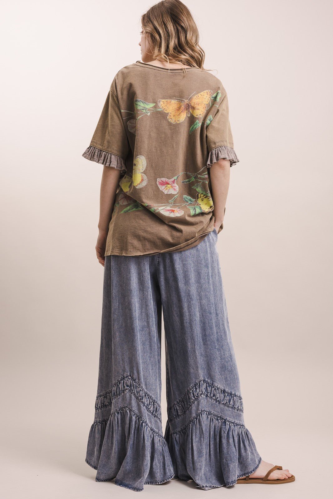Butterfly Print Ruffle Short Sleeve Top - Boho Wanderlust Boutique Blue Velvet