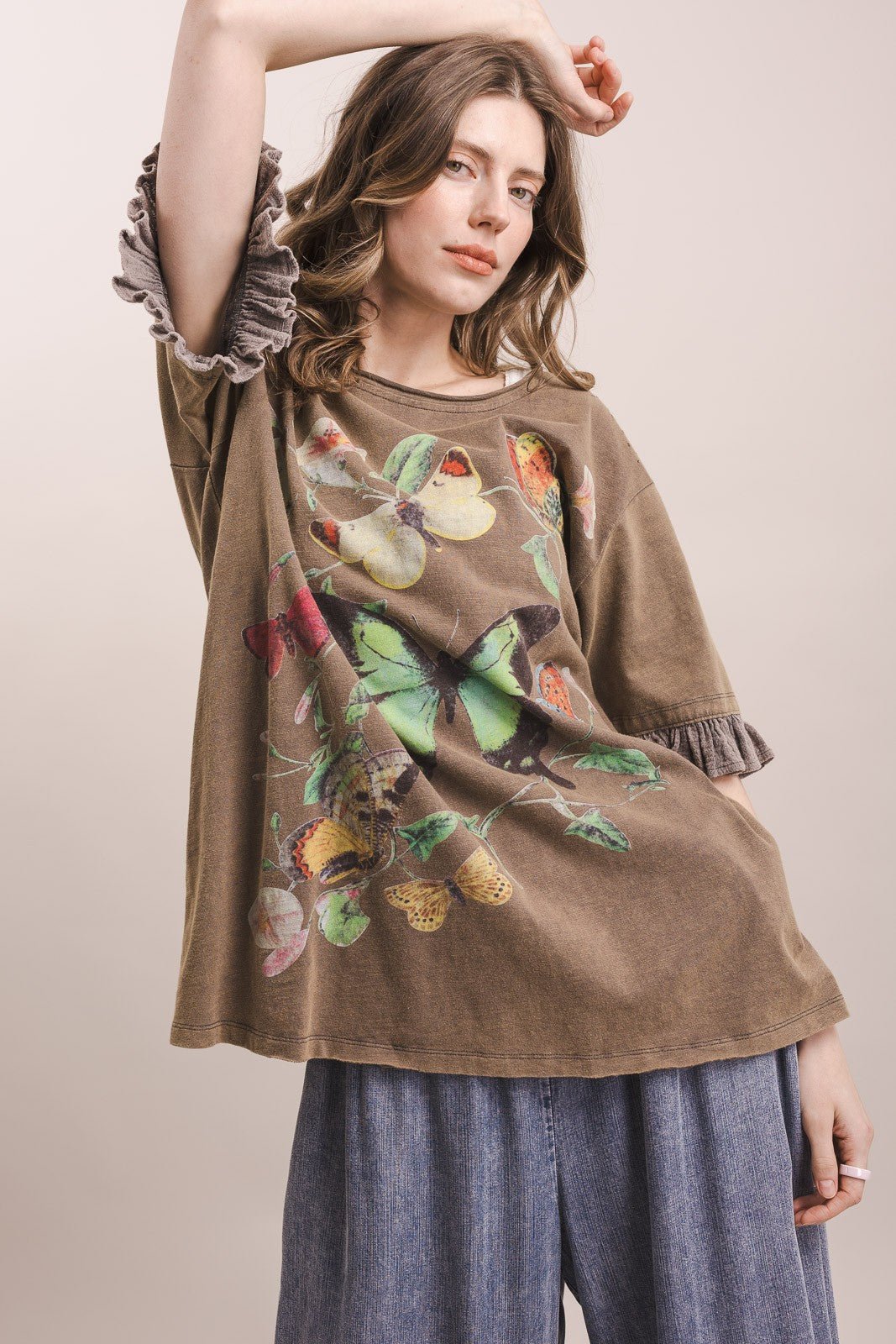 Butterfly Print Ruffle Short Sleeve Top - Boho Wanderlust Boutique Blue Velvet