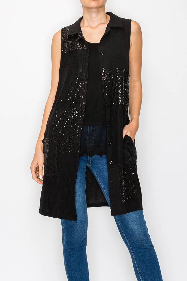 Button - Up Tunic Vest With Lace & Sequin Details - ivyandlavyboutique Origami Apparel ~ Lace and Crochet inspired