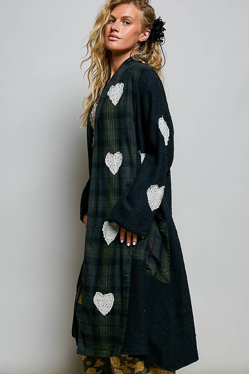 Plaid Textured Lace Heart Patch Woven Open Front Coat