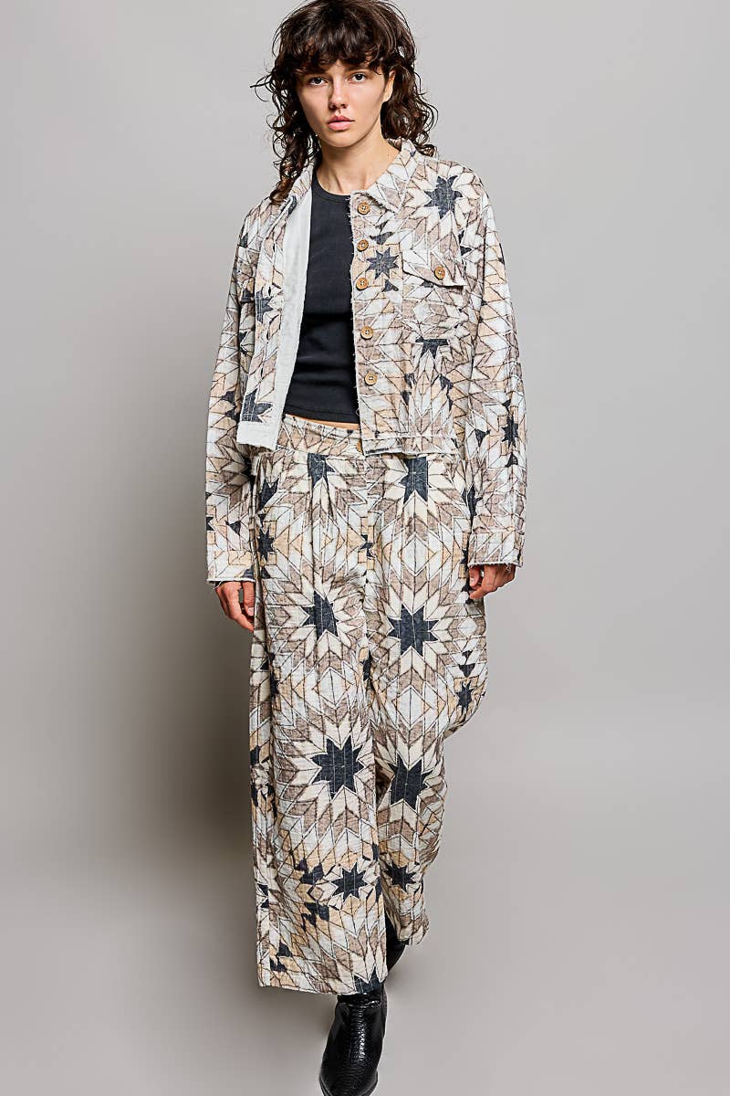 Elasticized Back Waistband Geometric Star Wide Leg Pants