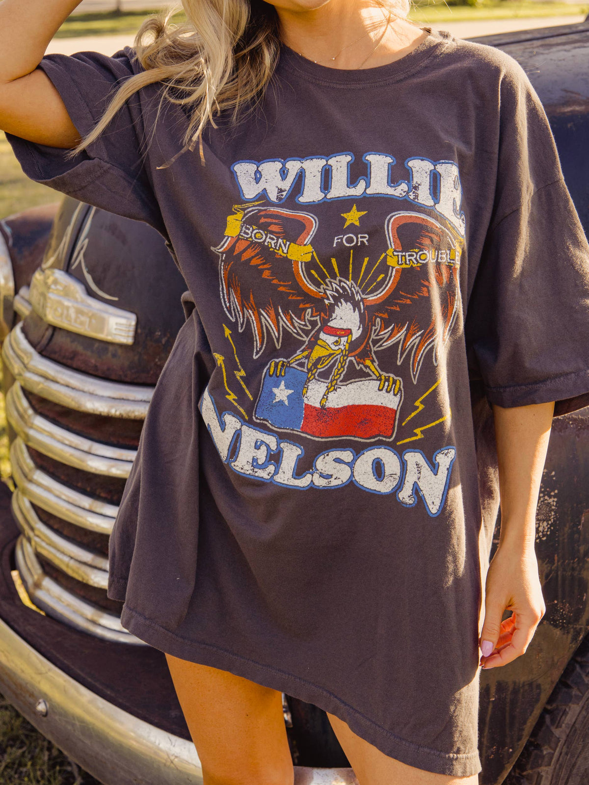 O/S Willie Nelson Born For Trouble Off Black Oversized Tee