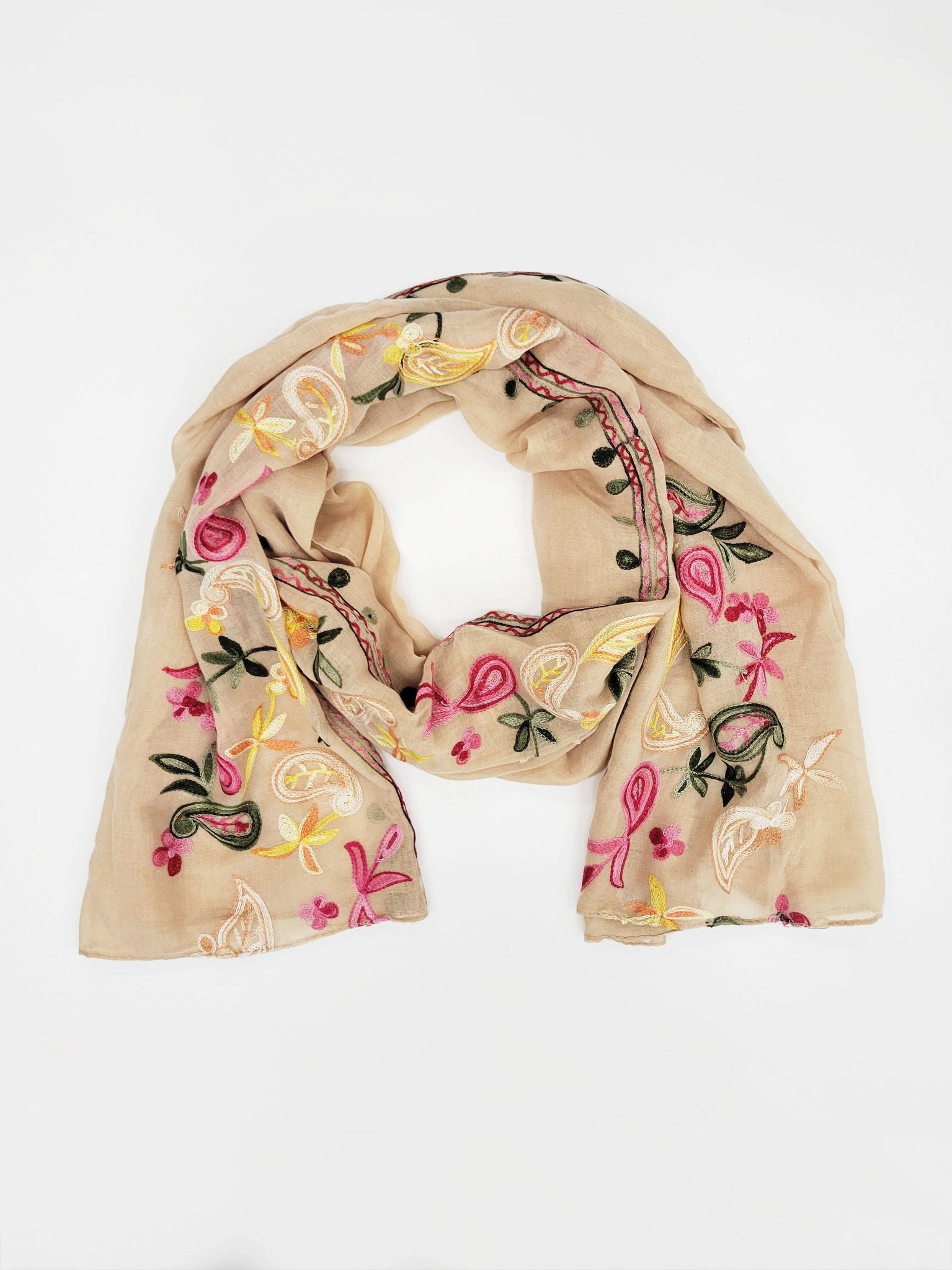 Callie Embroidered Scarf in Wheat - ivyandlavyboutique Raj Trading & Imports (USA) Inc.
