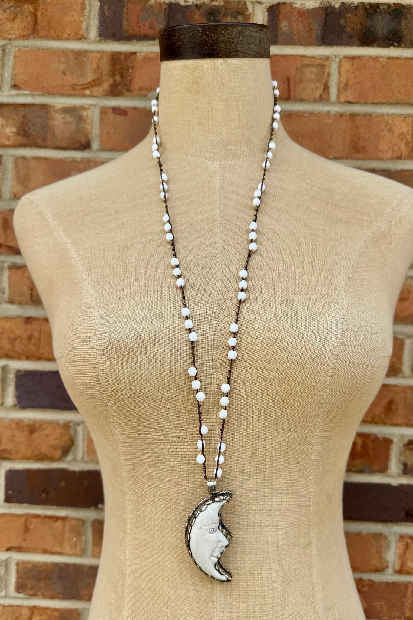 Carved Moon Face Necklace on Knotted Gemstone Chain - ivyandlavyboutique ivyandlavyboutique