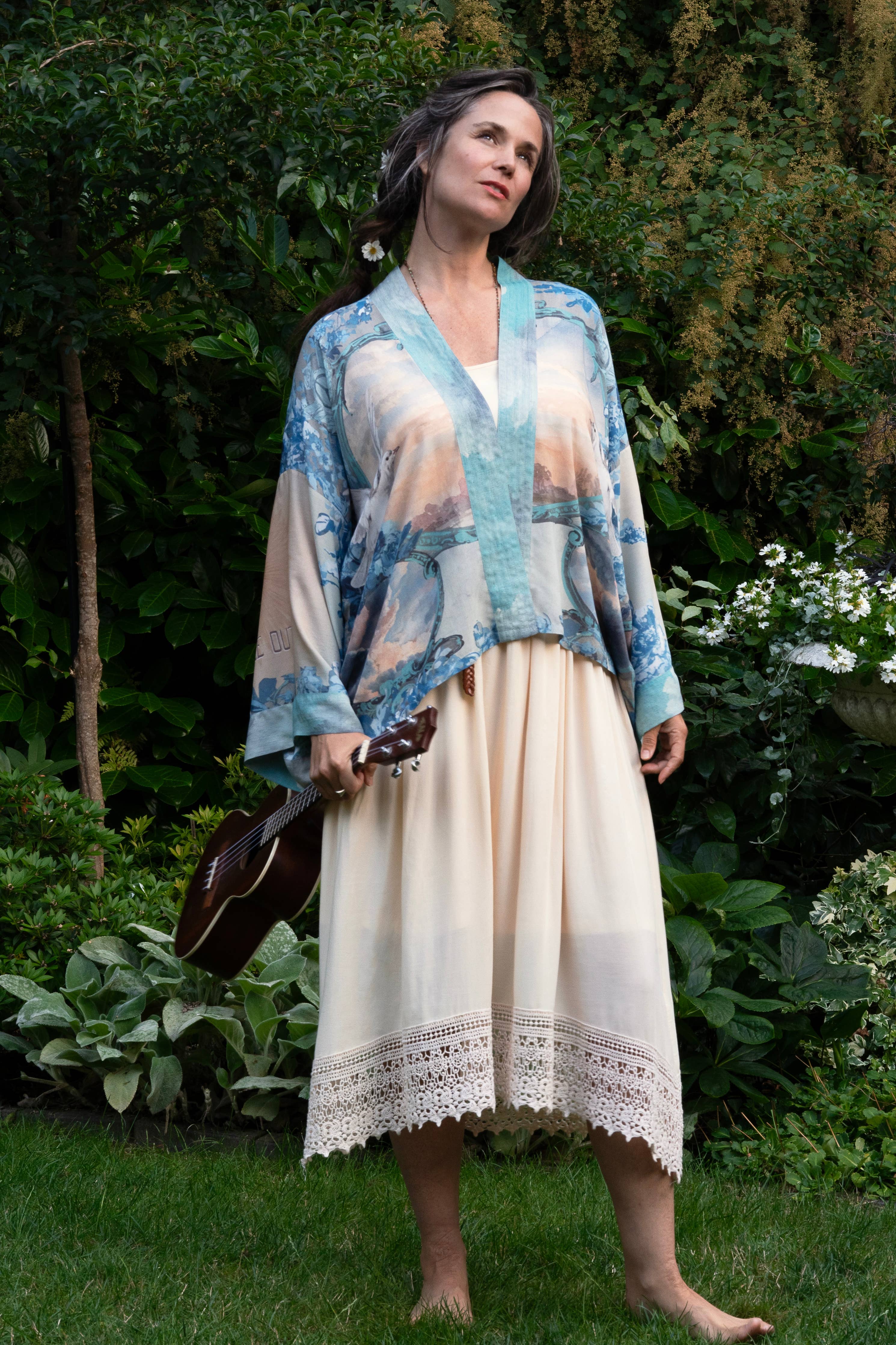 Peace Out Cropped Kimono Pixie Duster with Doves and Sunrise