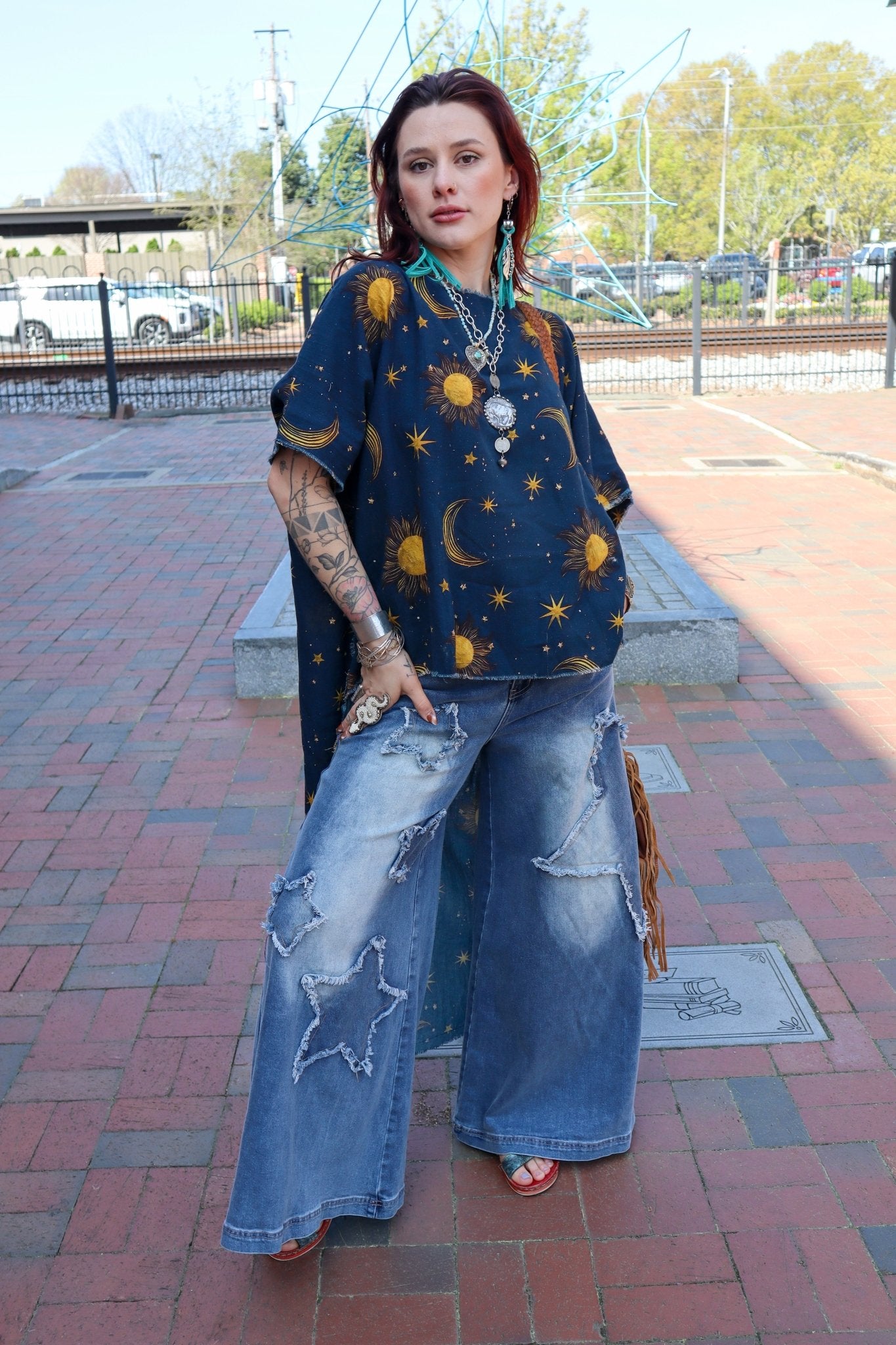 Celestial Dreamer Hi - Lo Tunic with Stars & Moon - ivyandlavyboutique I LOVE LINEN