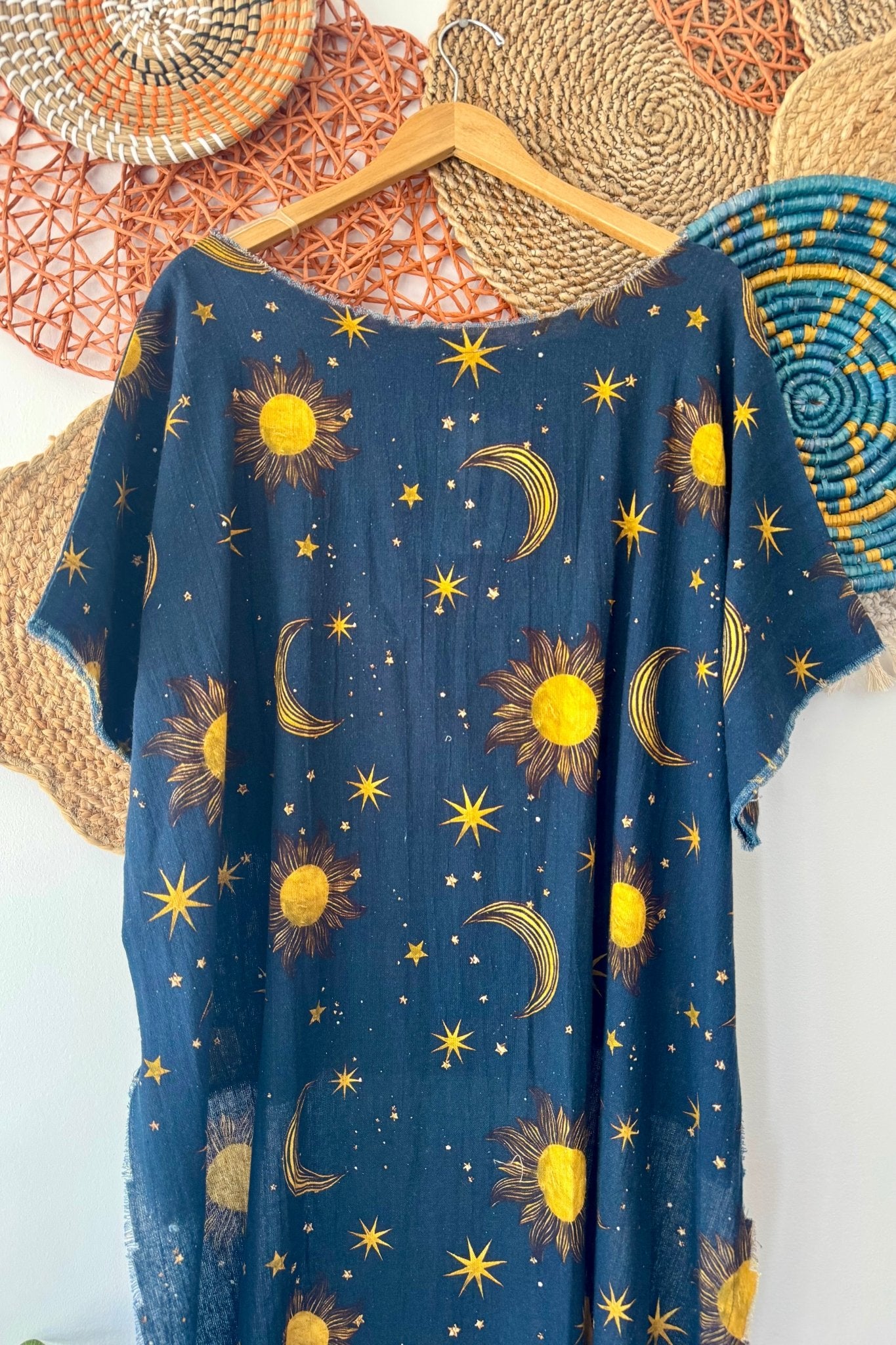 Celestial Dreamer Hi - Lo Tunic with Stars & Moon - ivyandlavyboutique I LOVE LINEN