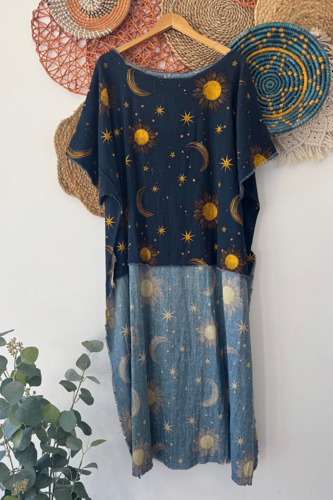 Celestial Dreamer Hi - Lo Tunic with Stars & Moon - ivyandlavyboutique I LOVE LINEN