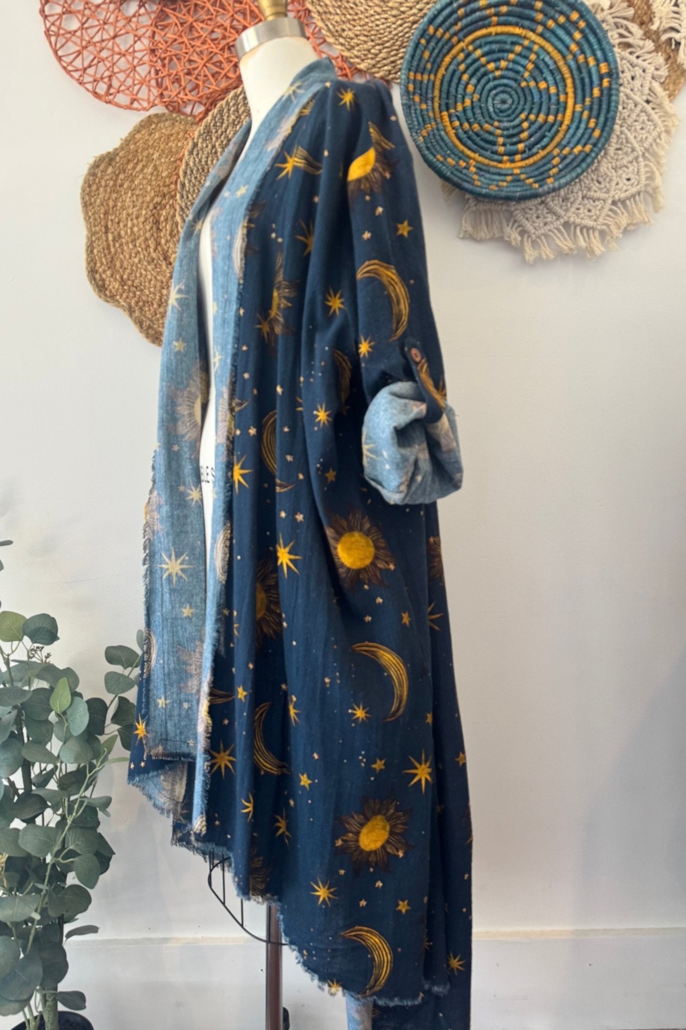 Celestial Moon Appliqué Duster Jacket - ivyandlavyboutique I LOVE LINEN