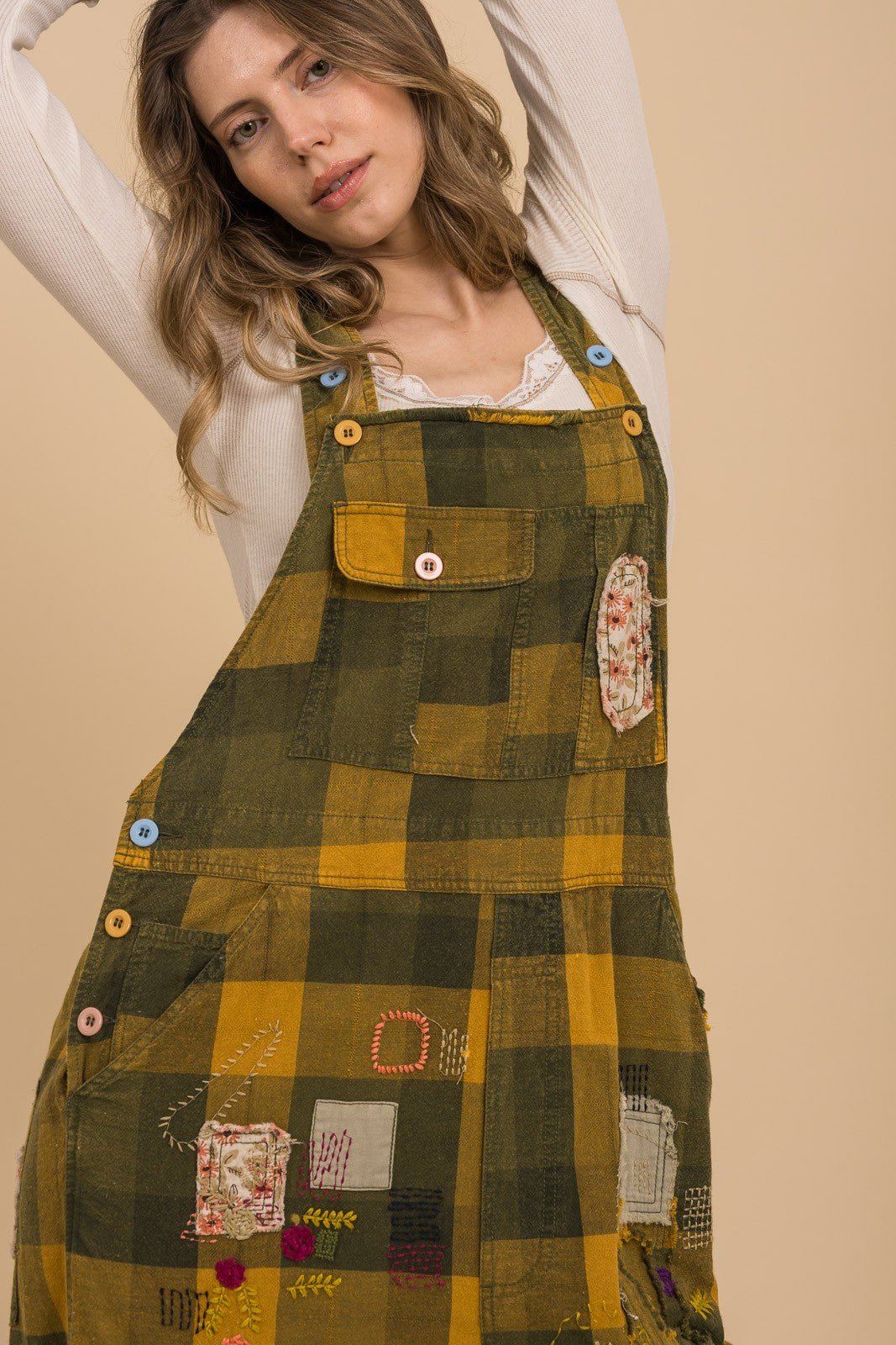 Checkerboard Patchwork Embroidered Overalls - ivyandlavyboutique Blue Velvet