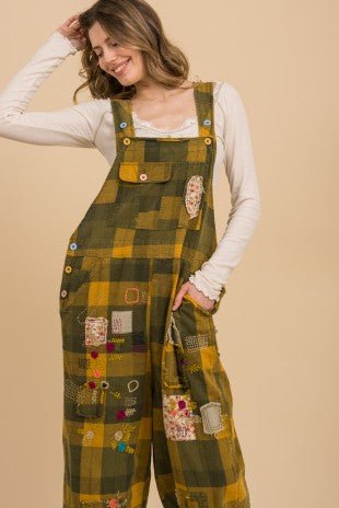Checkerboard Patchwork Embroidered Overalls - ivyandlavyboutique Blue Velvet