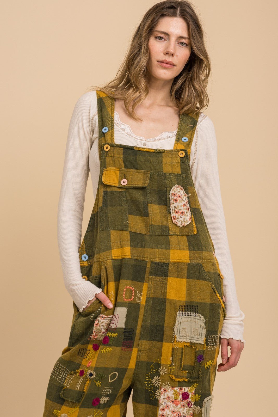 Checkerboard Patchwork Embroidered Overalls - ivyandlavyboutique Blue Velvet