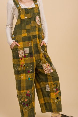 Checkerboard Patchwork Embroidered Overalls - ivyandlavyboutique Blue Velvet
