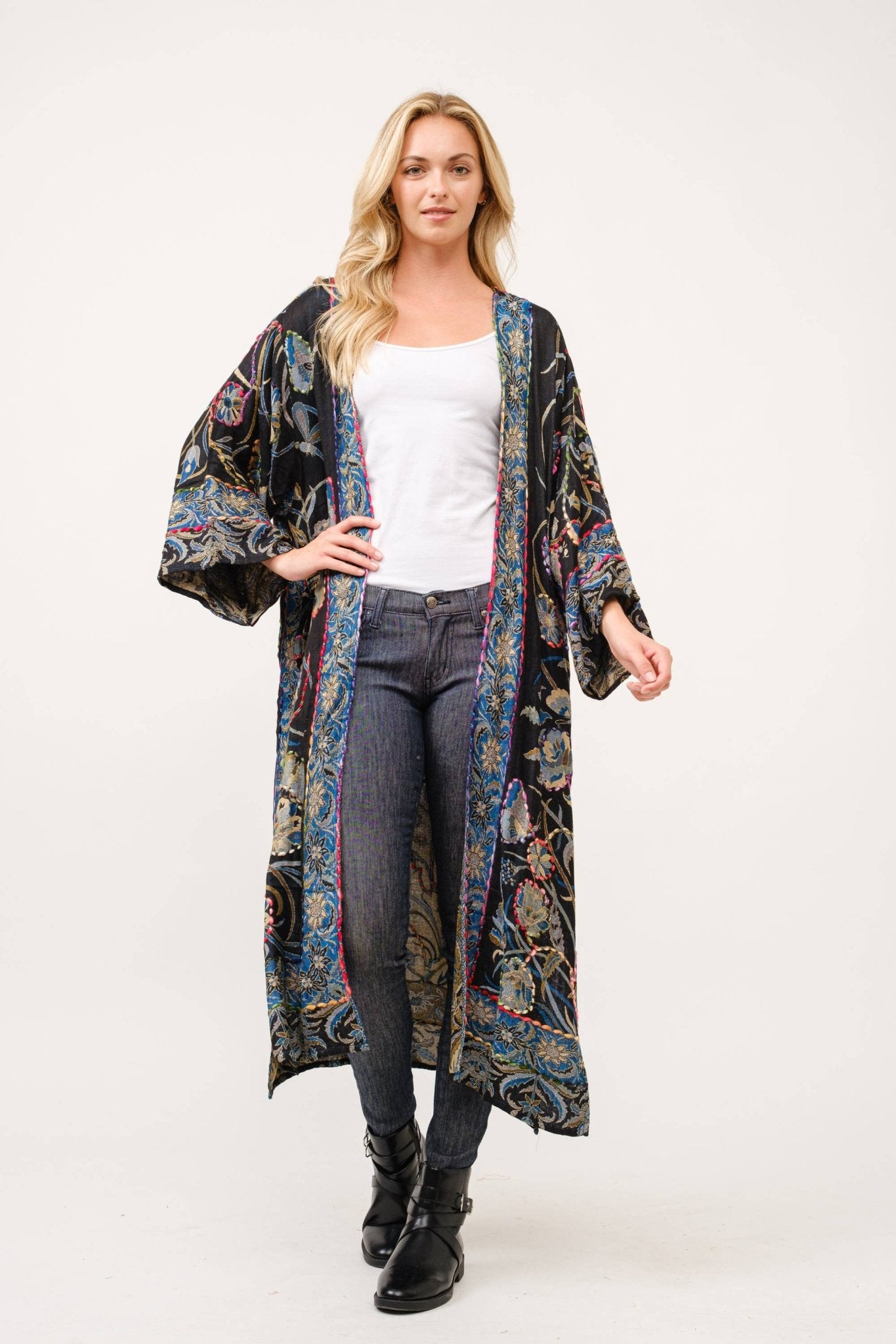 Ciara Thick Stitch Embroidered Duster - ivyandlavyboutique Raj Trading & Imports (USA) Inc.