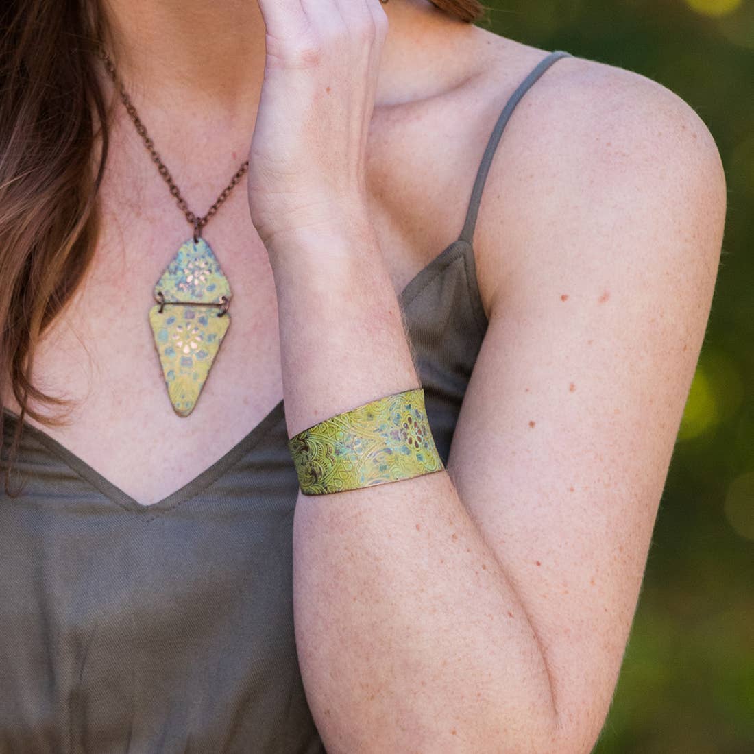Copper Patina Bracelet - Light Green Floral - ivyandlavyboutique Anju Jewelry