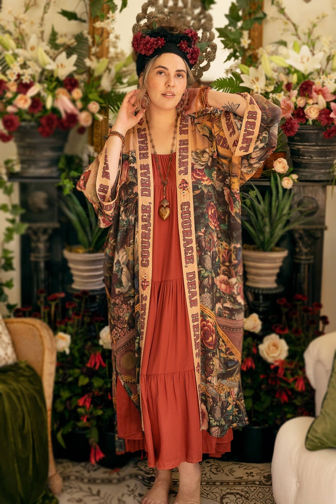 Courage Dear Heart Opera Duster Kimono Robe w/ Sacred Heart - ivyandlavyboutique Market of Stars