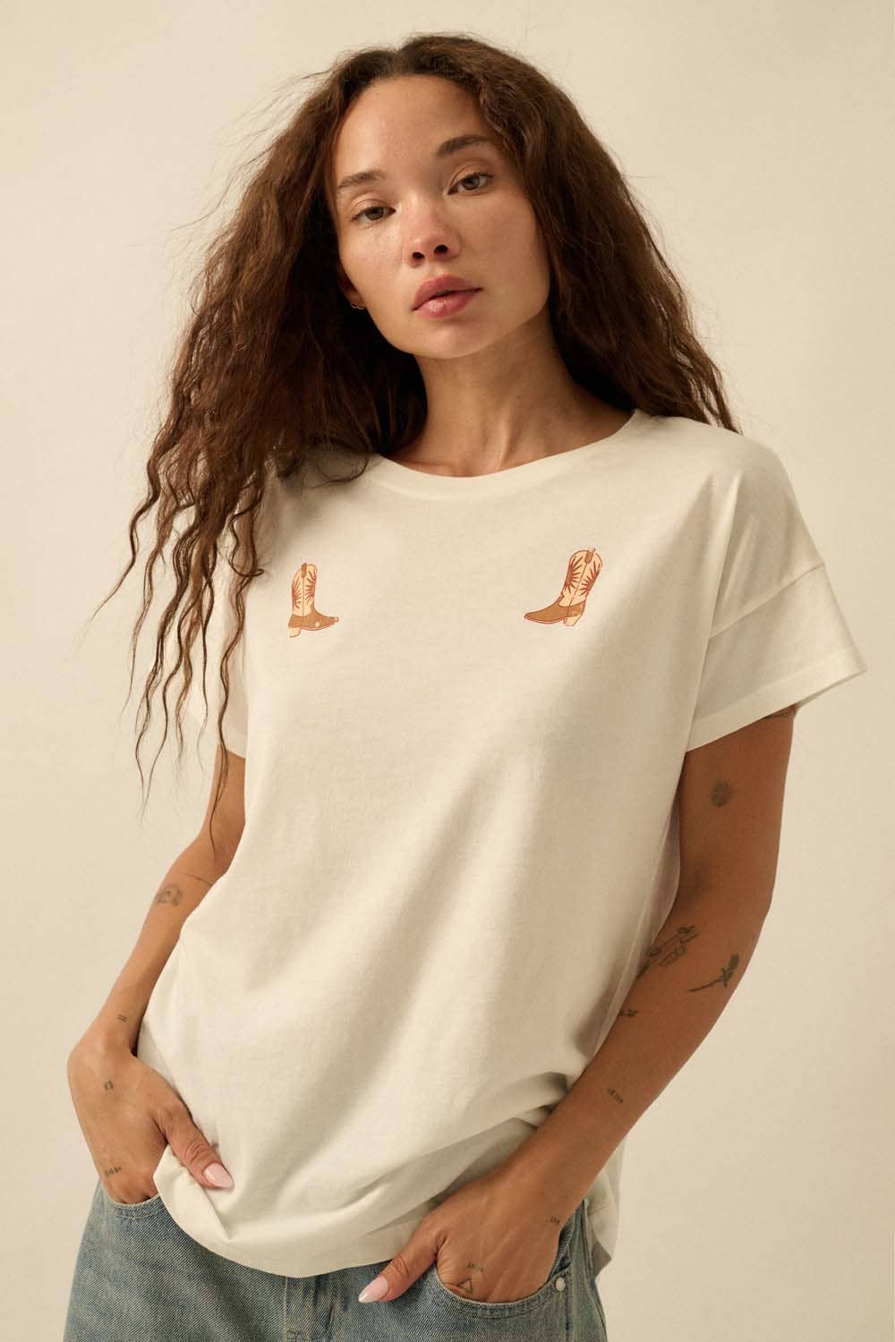 Cowboy Boot Round - Neck Vintage - Wash Top - ivyandlavyboutique Promesa USA