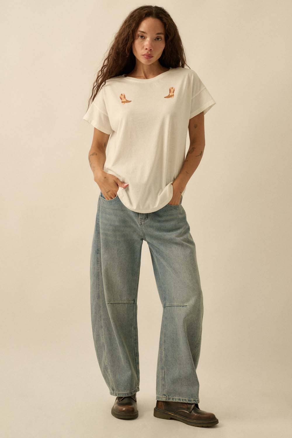 Cowboy Boot Round - Neck Vintage - Wash Top - ivyandlavyboutique Promesa USA