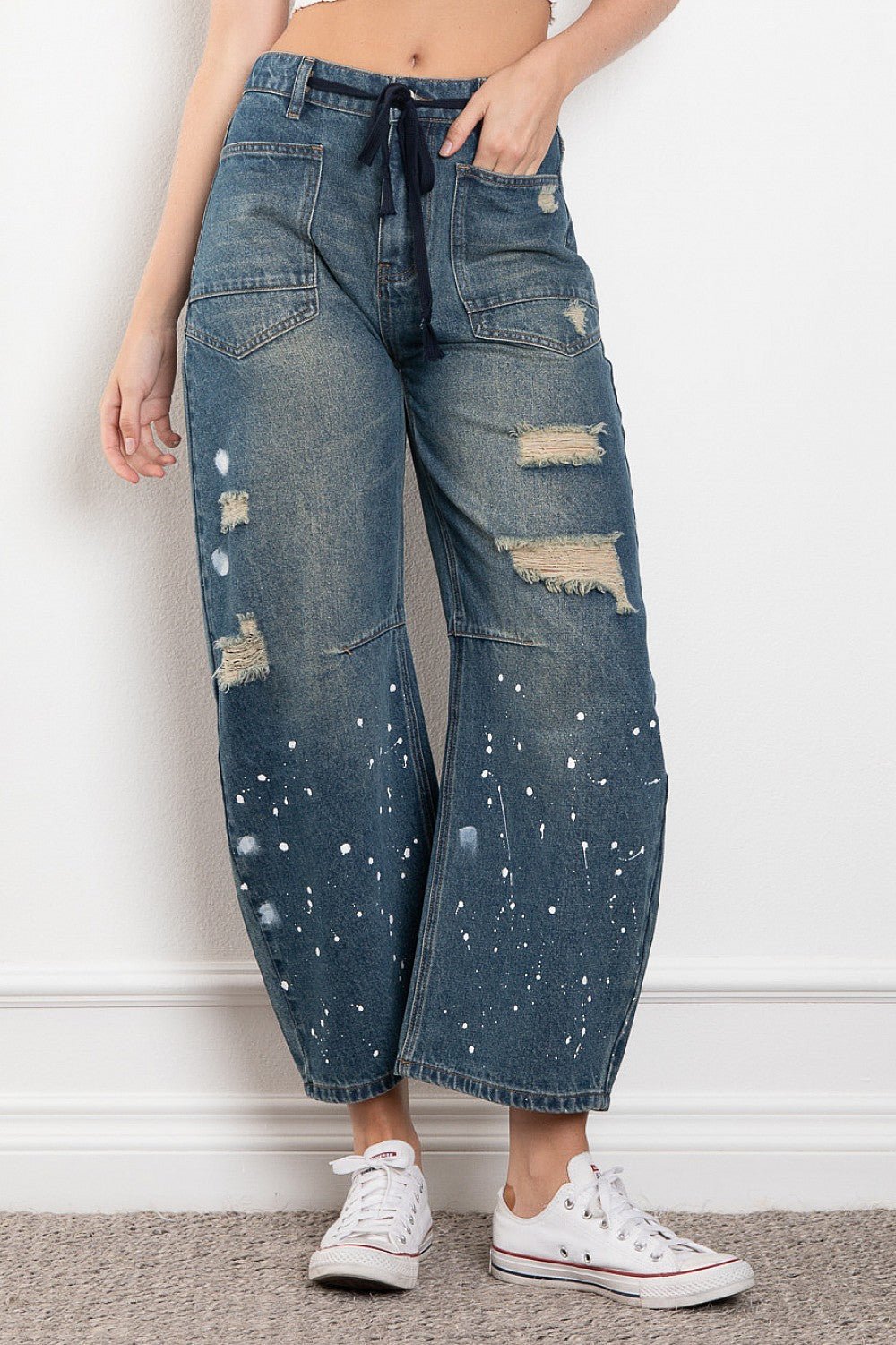 Cowgirl Up Splatter Effect Barrel Jeans w/ Rope Belt - ivyandlavyboutique Blue Velvet