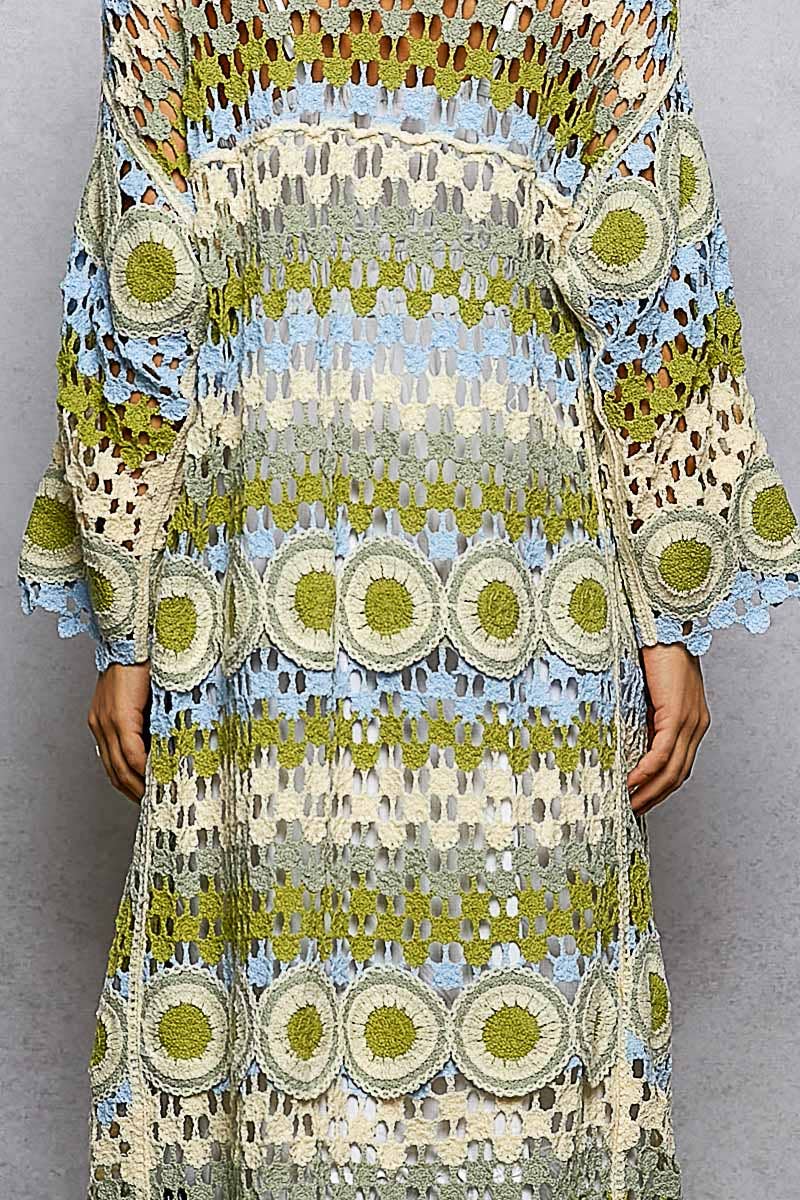 Crochet Stripe Open - Knit Scalloped Long Sleeve Cardigan in Pink - ivyandlavyboutique Pol Clothing