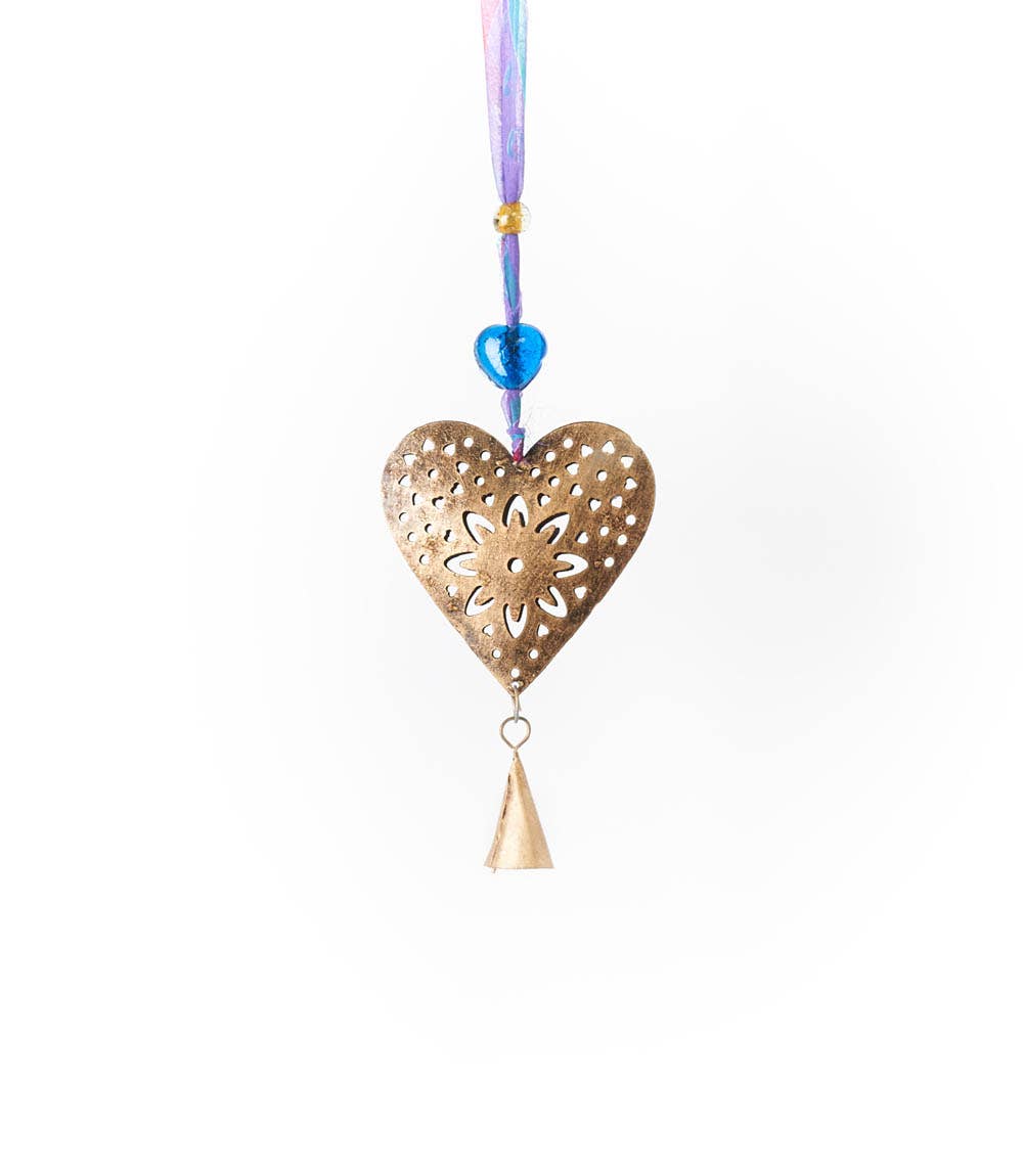 Chakshu Heart Bell Wind Chime Upcycled Sari - Handmade Decor