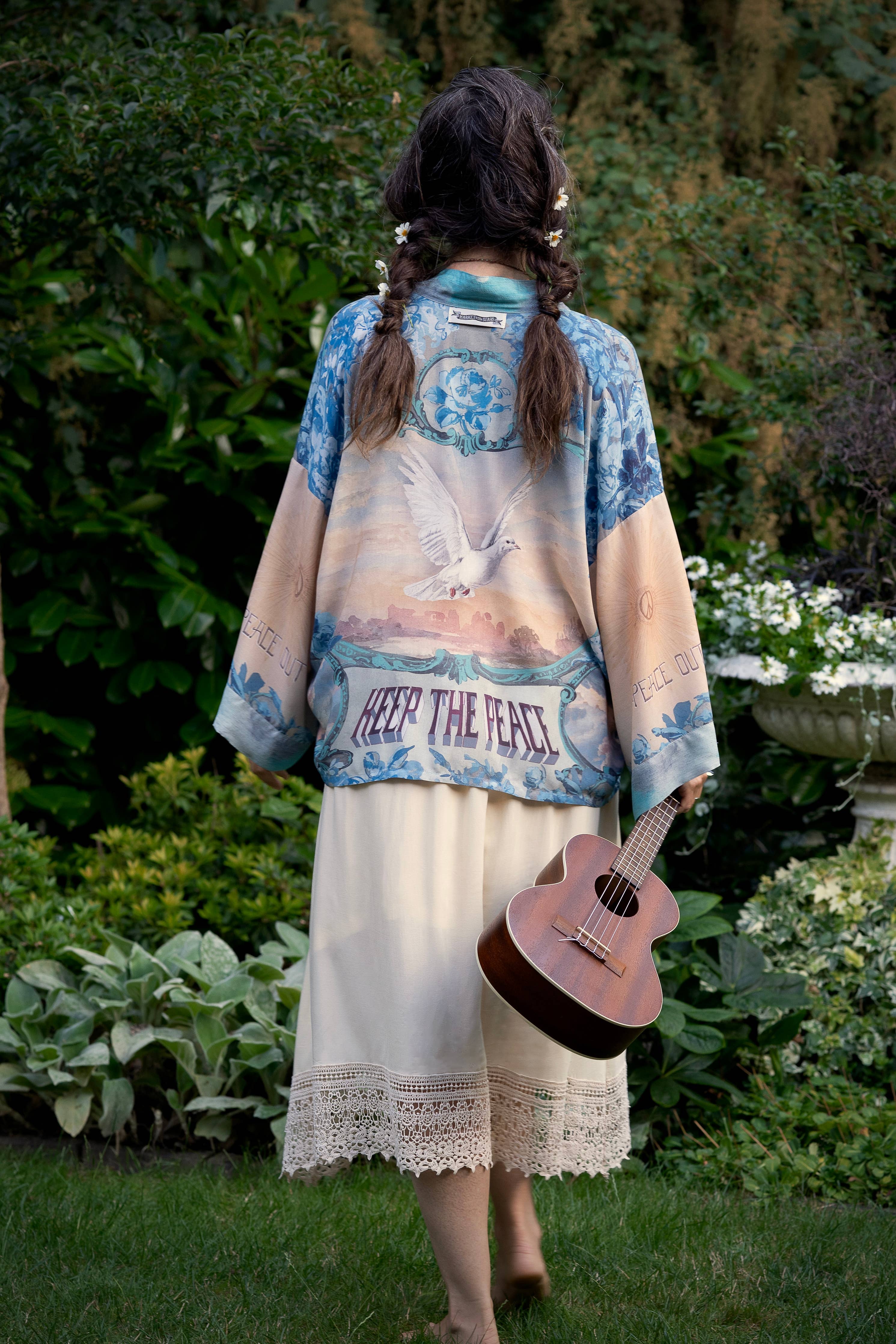 Peace Out Cropped Kimono Pixie Duster with Doves and Sunrise