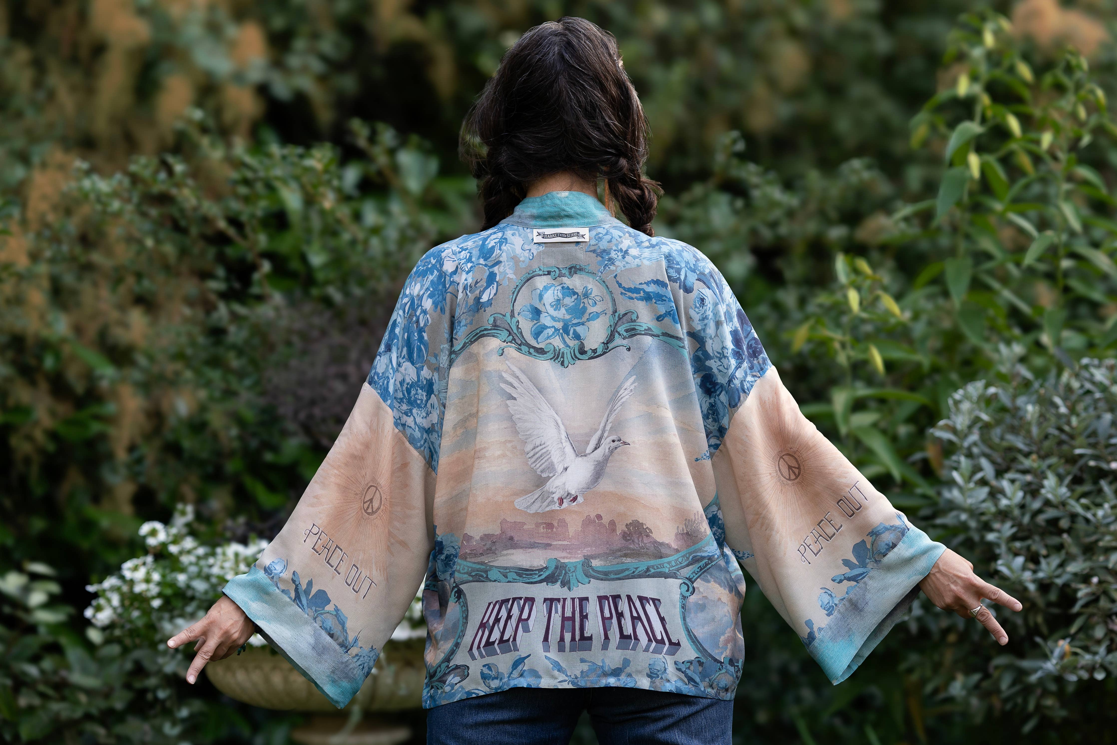 Peace Out Cropped Kimono Pixie Duster with Doves and Sunrise