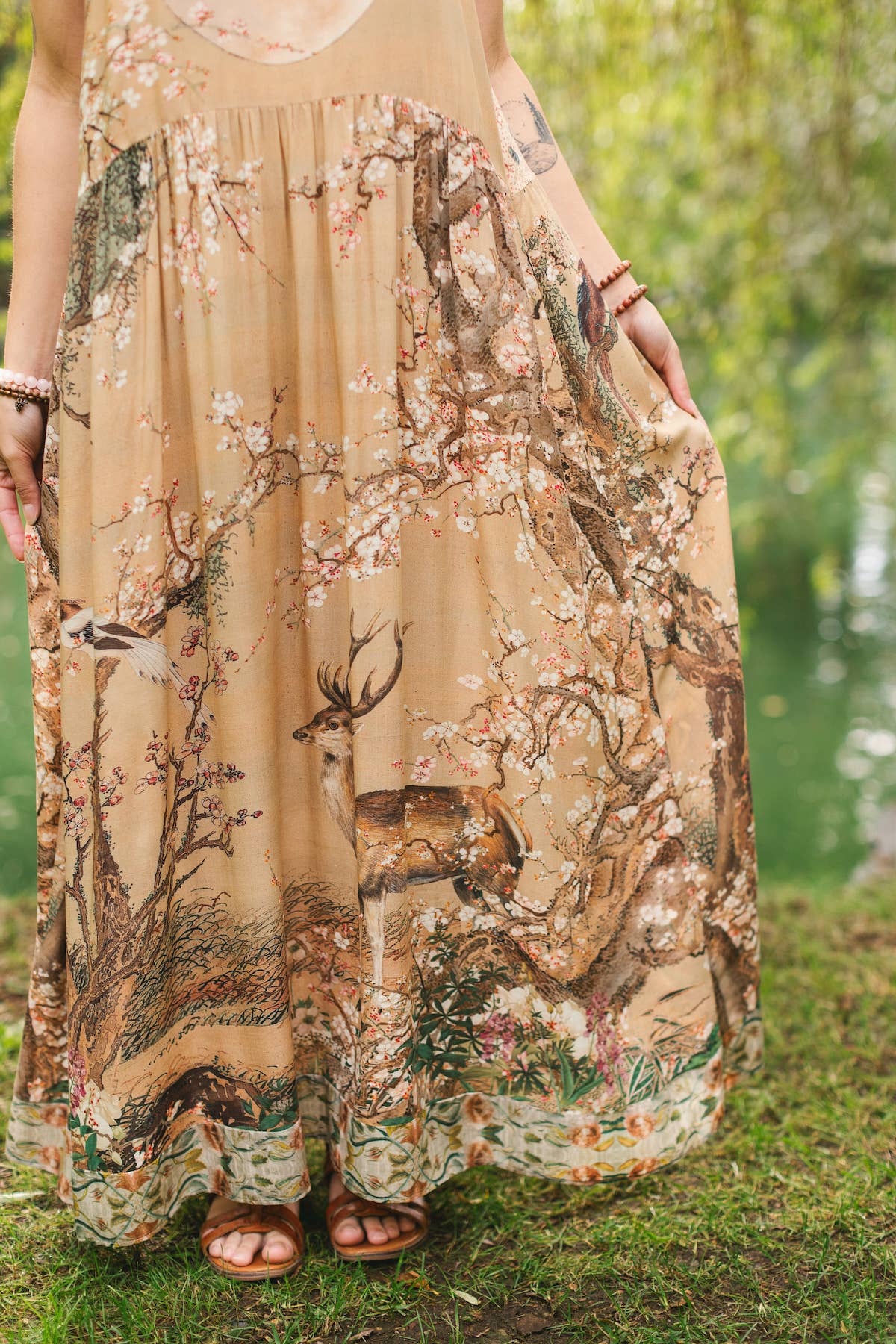 Fable Bohéme Long Maxi Slip Dress w/ Blossoms, Deer & Moon