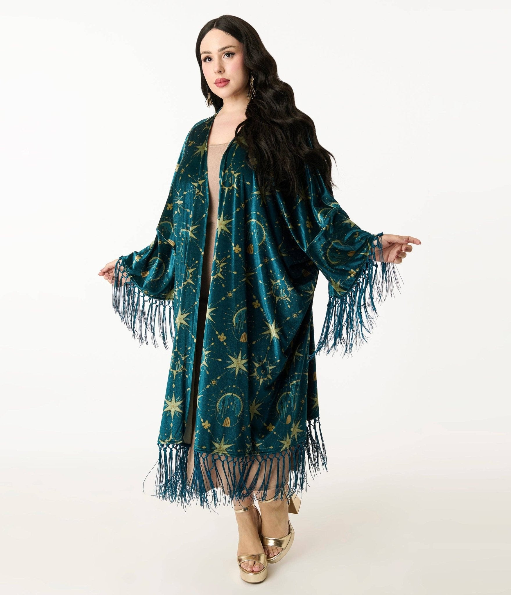 Disney Princess Collection by Unique Vintage Teal & Gold Royal Palace Velvet Fringe Kimono: One Size - ivyandlavyboutique Unique Vintage