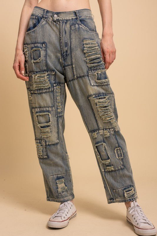 Distressed Patchwork Washed Jeans - ivyandlavyboutique Blue Velvet