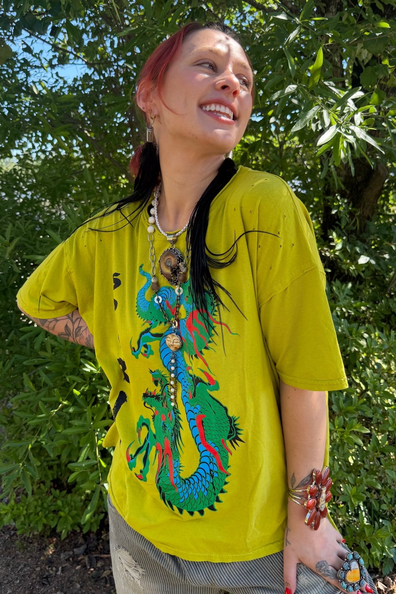 Distressed Tee with Spirit Dragon Print in Chartreuse - ivyandlavyboutique LeParisPetit by I Love Linen