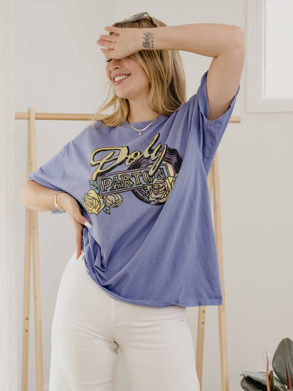Dolly Parton Rose Record Periwinkle Thrifted Licensed Tee - Boho Wanderlust Boutique LivyLu
