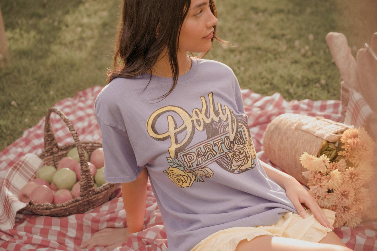 Dolly Parton Rose Record Periwinkle Thrifted Licensed Tee - Boho Wanderlust Boutique LivyLu