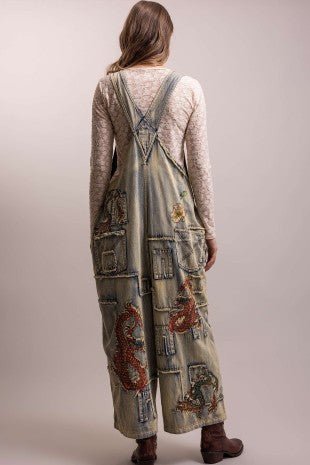 Dragon Patchwork Denim Wide Leg Overall (BR10663KB) - Boho Wanderlust Boutique Blue Velvet