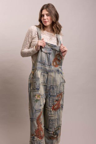 Dragon Patchwork Denim Wide Leg Overall (BR10663KB) - Boho Wanderlust Boutique Blue Velvet