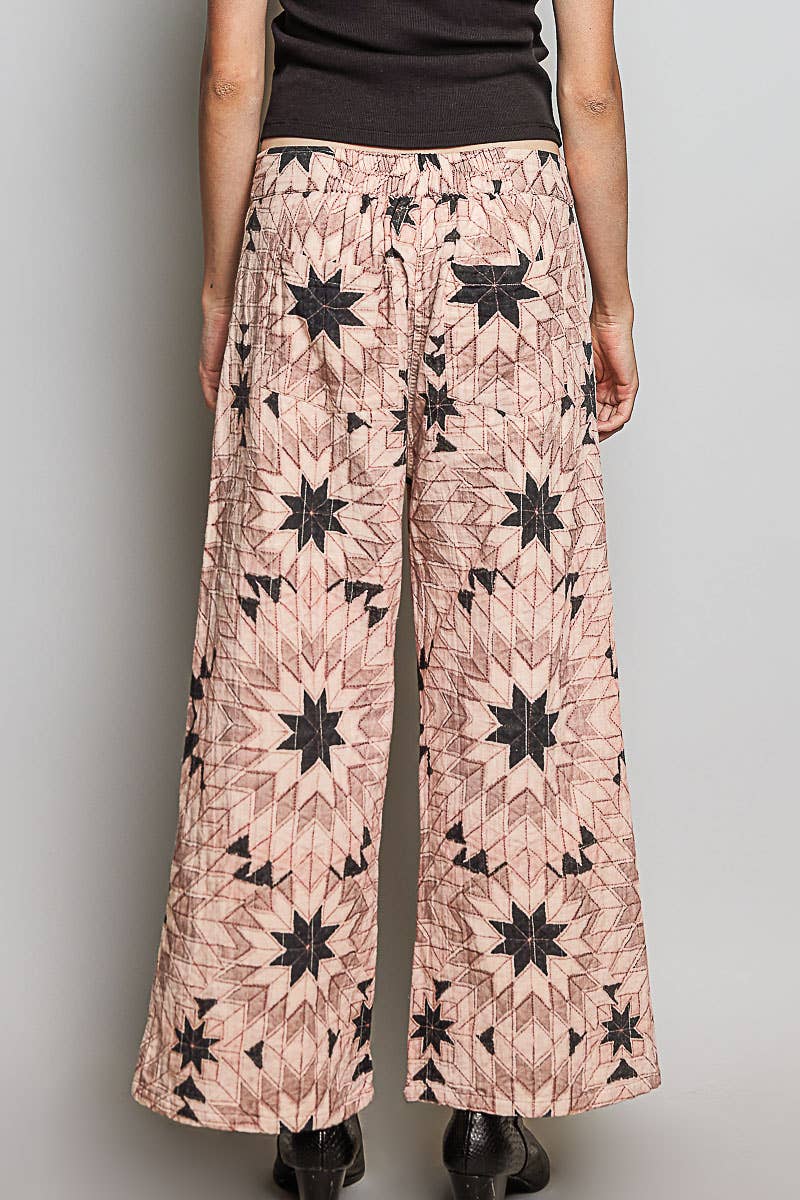 Elasticized Back Waistband Geometric Star Wide Leg Pants