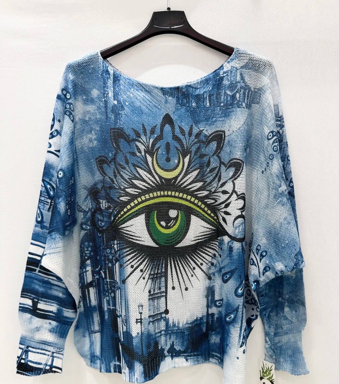 Blue Denim Eye Round Knit Printed Sweater