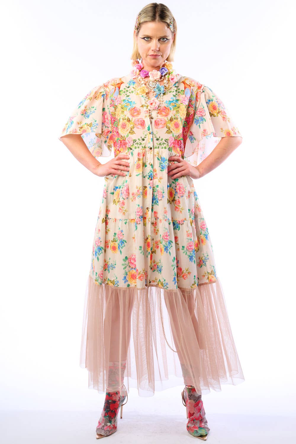 Earth Angels Dress: Beige Peacock - ivyandlavyboutique Aratta