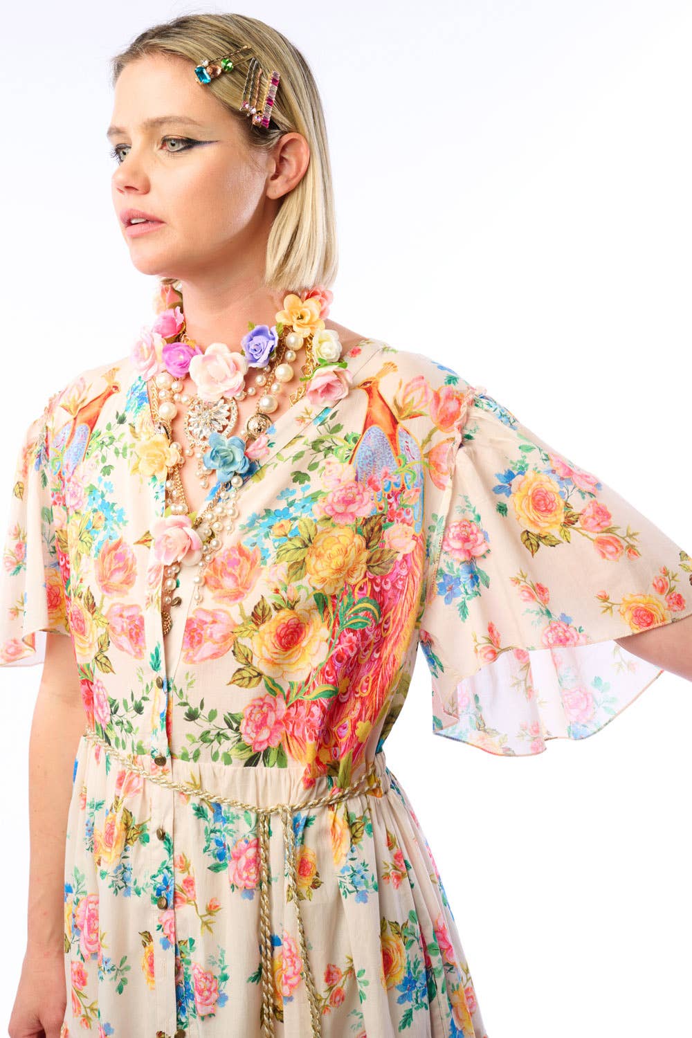 Earth Angels Dress: Beige Peacock - ivyandlavyboutique Aratta