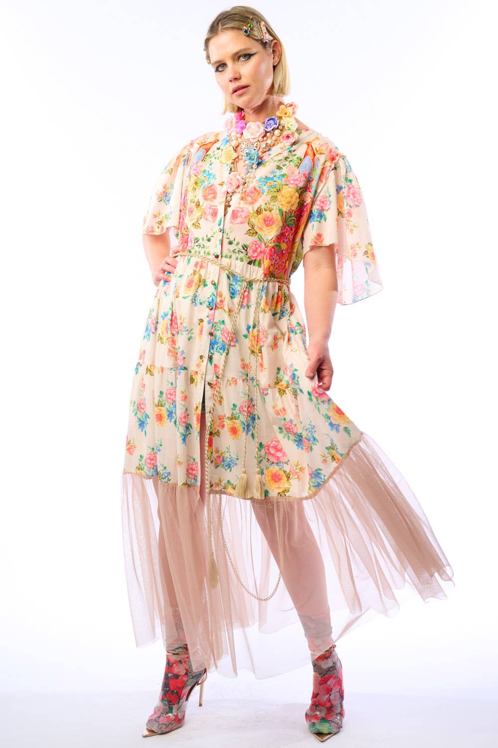 Earth Angels Dress: Beige Peacock - ivyandlavyboutique Aratta