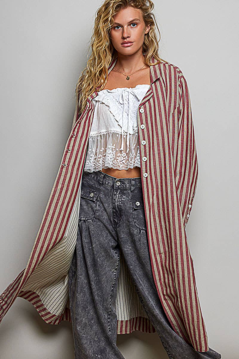 Easy Breezy Long Sleeve Crafted Long Striped Cotton Coat - ivyandlavyboutique Pol Clothing
